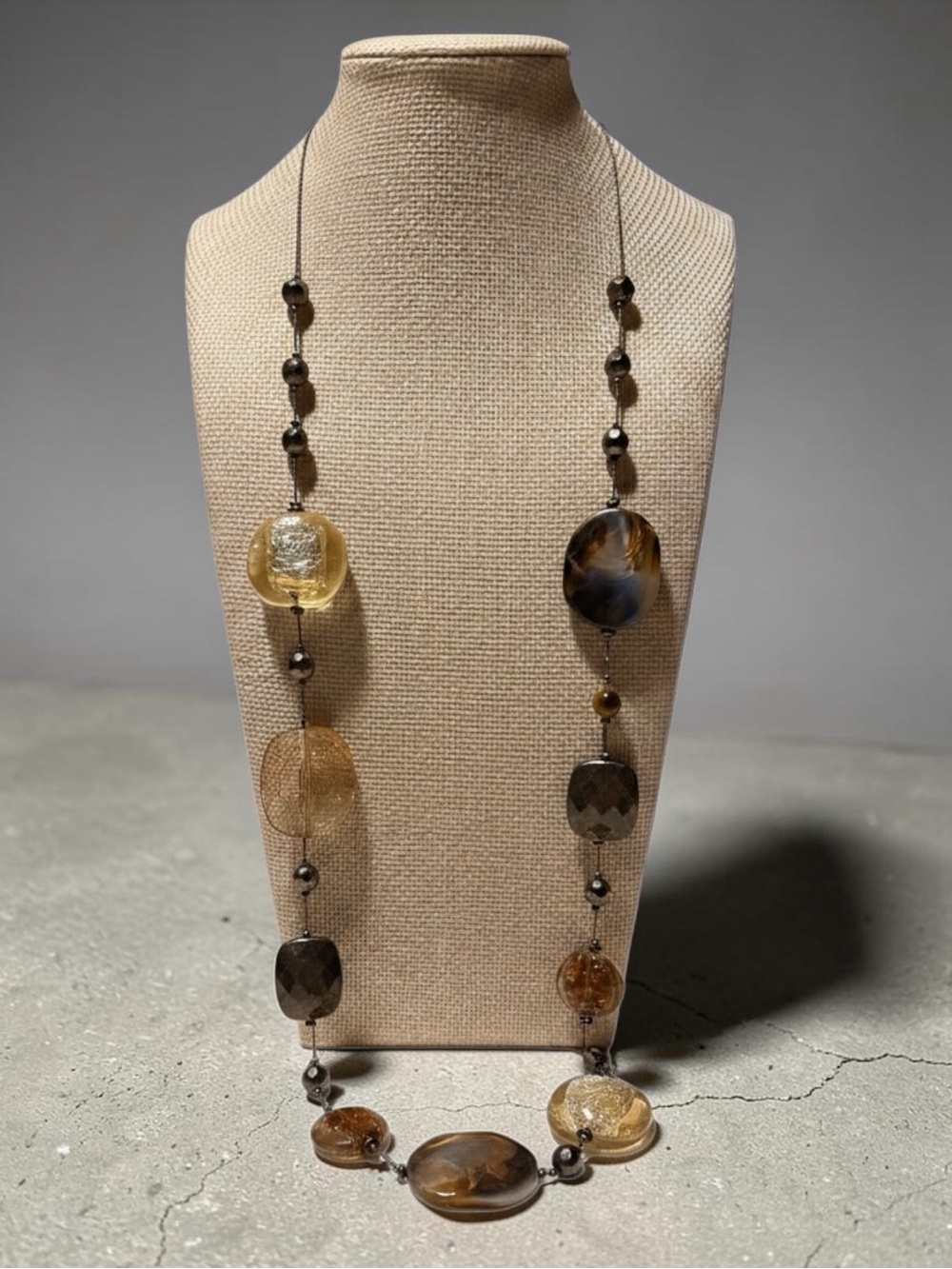 Long Brown and Gold Bead Statement Necklace